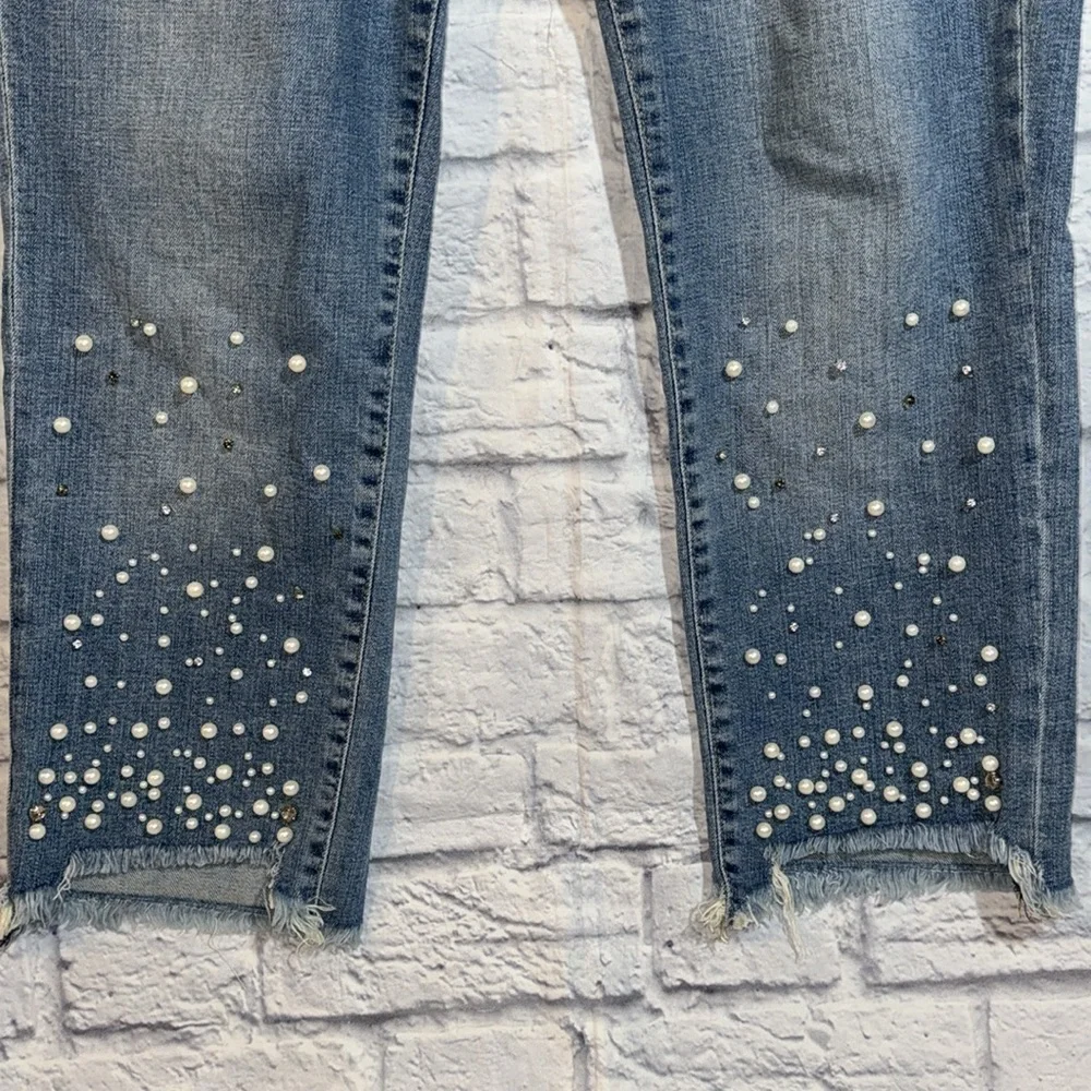 Anthropologie Pilcro Hyphen Pearl Gem Embellished Jeans Boho Distressed Denim